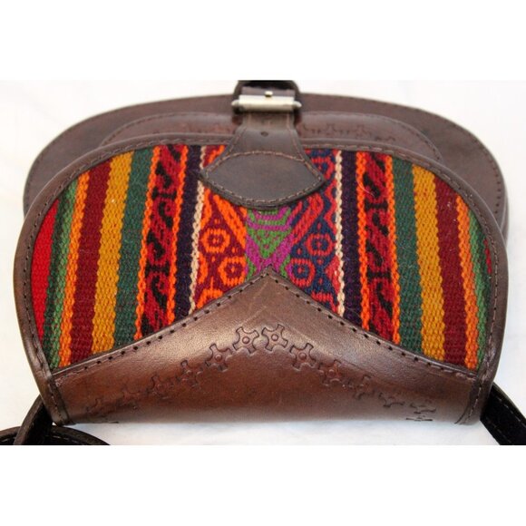 Peruvian Leather Bag Small Purse Woven Textile Women Shoulder Cross Body Saddle - Picture 3 of 11